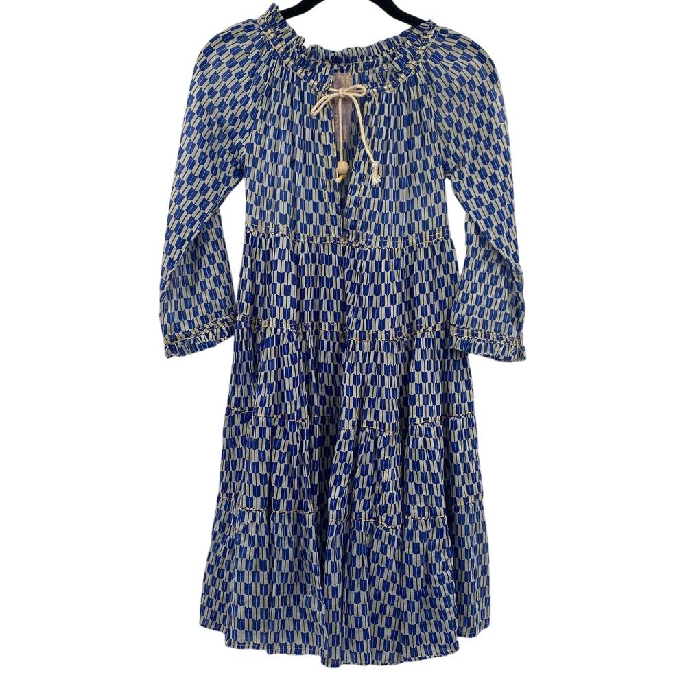 Yvonne S Handmade Mini Dress Tiered Fit & Flare Print Embroidered Blue Womens 0